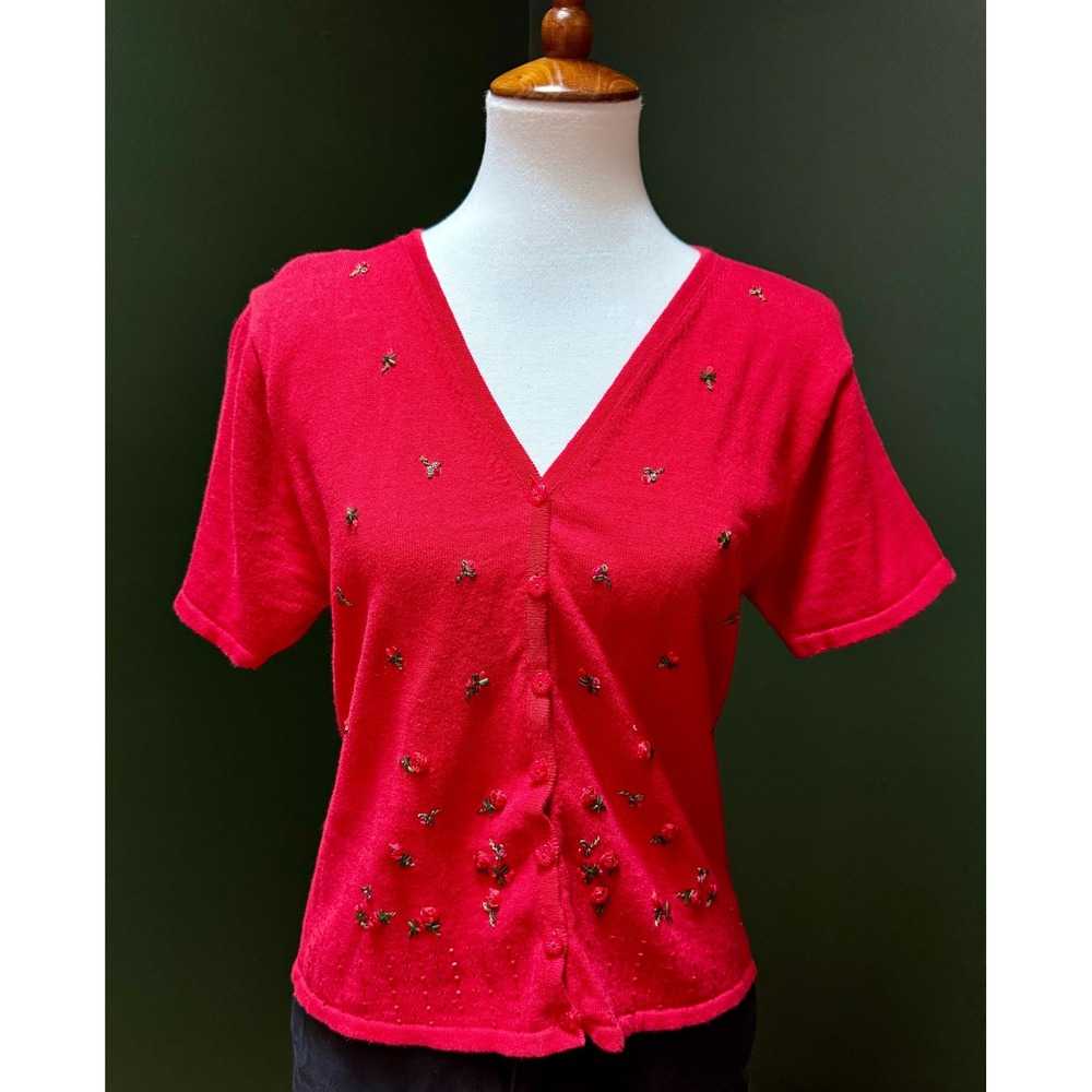Vintage R & K Originals Red Floral Beaded Short Sleeve Cardigan Women's Size‎ 10